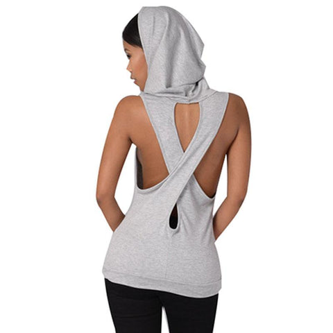 2017 Summer Sexy Women Tops Tank Tops Hooded Backless Cross Hollow Out Shirts Fitness Sleeveless Vest Active Wear