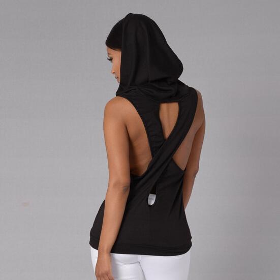 2017 Summer Sexy Women Tops Tank Tops Hooded Backless Cross Hollow Out Shirts Fitness Sleeveless Vest Active Wear