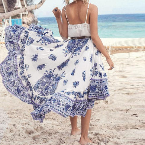 2017 Summer Skirts Womens Ladies Boho Tribal Floral Printed Skirt Chiffon Long Asymmetric Pleated Casual Beach Wear Maxi Skirt