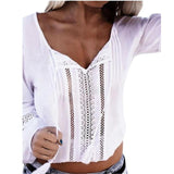 Hollow out Women Blouse 2017 Summer Beach wear White Shirts Casual Long Sleeve Lace Splice V-Neck Tops blusa feminina