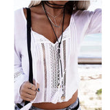 Hollow out Women Blouse 2017 Summer Beach wear White Shirts Casual Long Sleeve Lace Splice V-Neck Tops blusa feminina