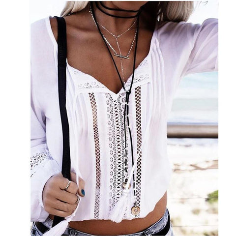 Hollow out Women Blouse 2017 Summer Beach wear White Shirts Casual Long Sleeve Lace Splice V-Neck Tops blusa feminina