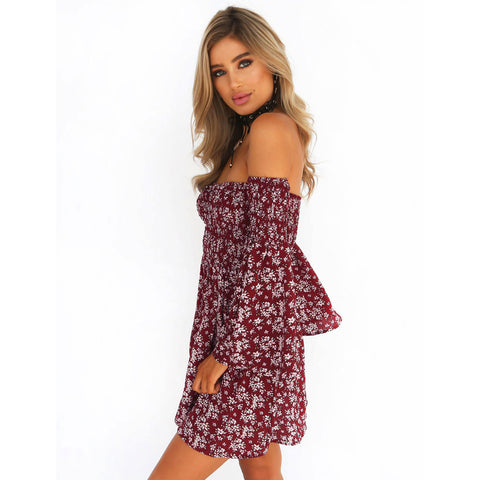 Fashion Summer Dress 2017 Women New off shoulder Short Beach Wear Casual Flare Sleeve Evening Party Mini Dresses vestidos bordad