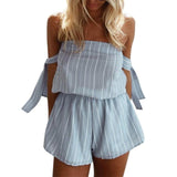 Sexy Off Shoulder Playsuit 2017 Womens Ladies Mini Jumpsuit Summer Blue Striped Shorts Beach wear overalls playsuit leotard