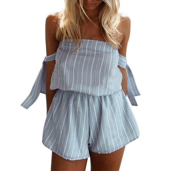 Sexy Off Shoulder Playsuit 2017 Womens Ladies Mini Jumpsuit Summer Blue Striped Shorts Beach wear overalls playsuit leotard