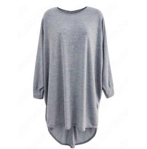 Women Blouse High Low Dip Hem Baggy Long Batwing Oversized Casual O-neck Wear Long Top Blouse Gray Black
